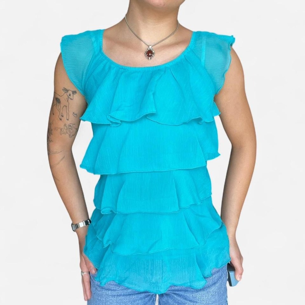 turquoise blue ruffle blouse